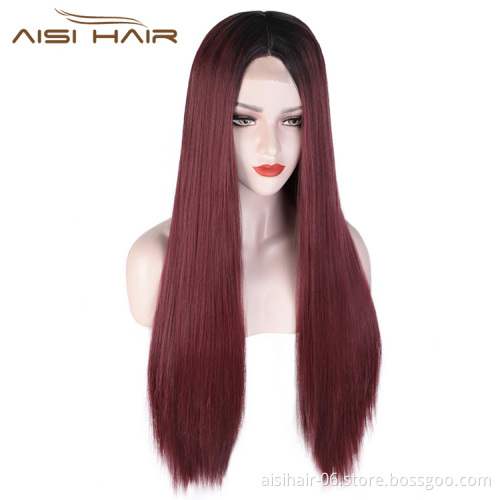 Aisi Hair Long Ombre Red Dark Root Wig Silky Straight Lace Frontal Wig Middle Part Synthetic Front Lace Hair Wigs For Women